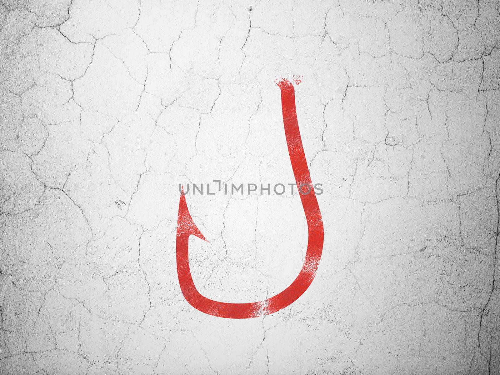 Protection concept: Red Fishing Hook on textured concrete wall background, 3d render