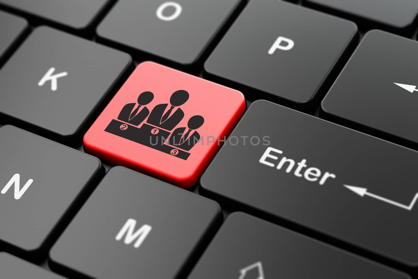 Advertising concept: computer keyboard with Business Team icon on enter button background, 3d render