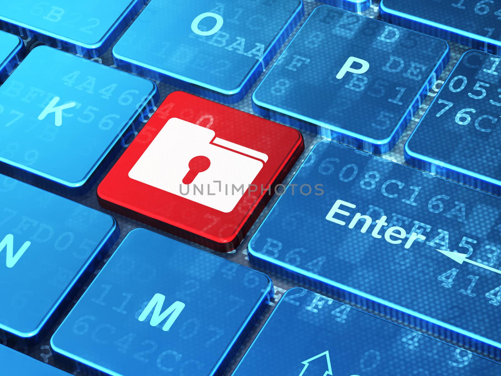 Business concept: computer keyboard with Folder With Keyhole icon on enter button background, 3d render