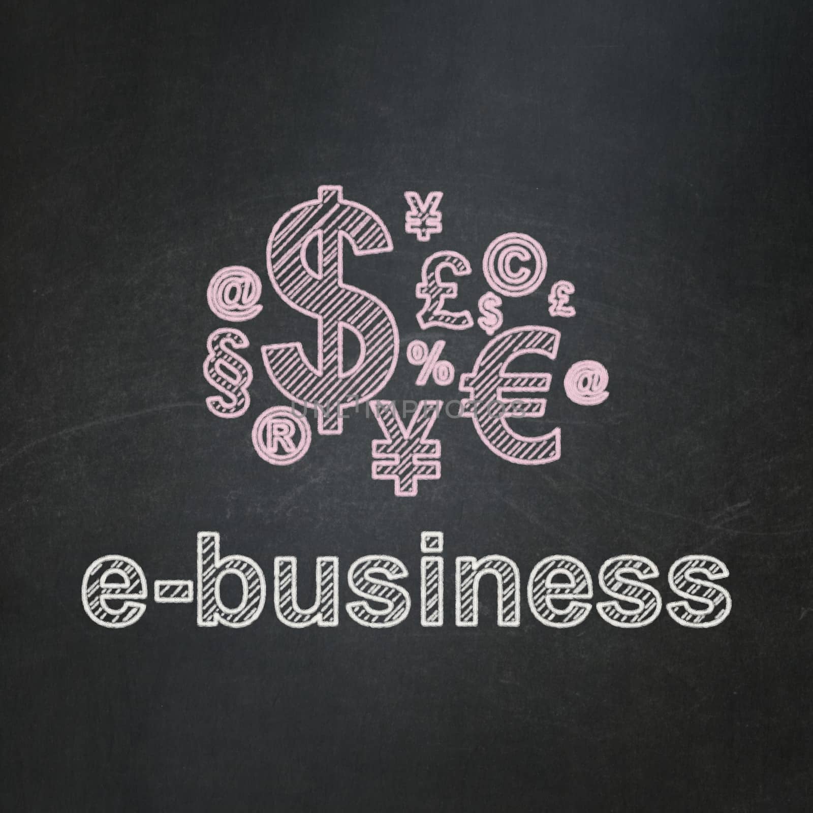 Business concept: Finance Symbol icon and text E-business on Black chalkboard background, 3d render