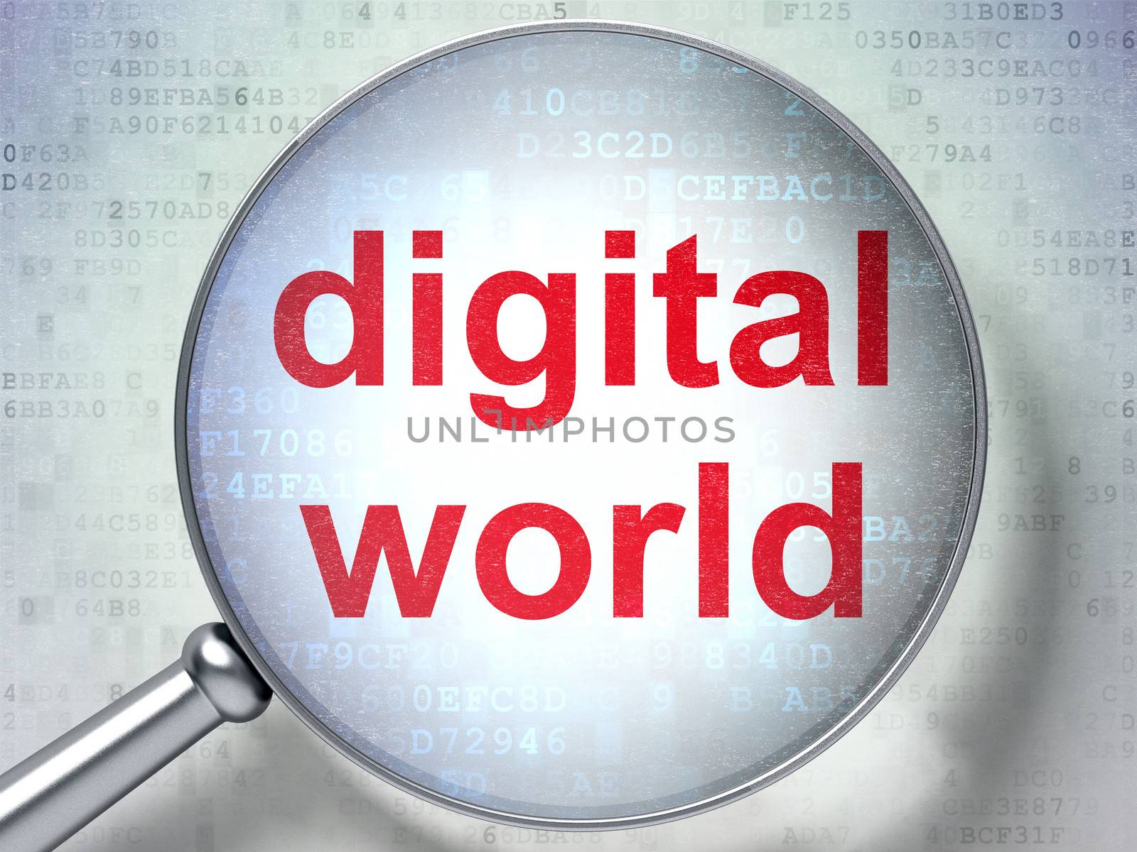 Information concept: magnifying optical glass with words Digital World on digital background, 3d render