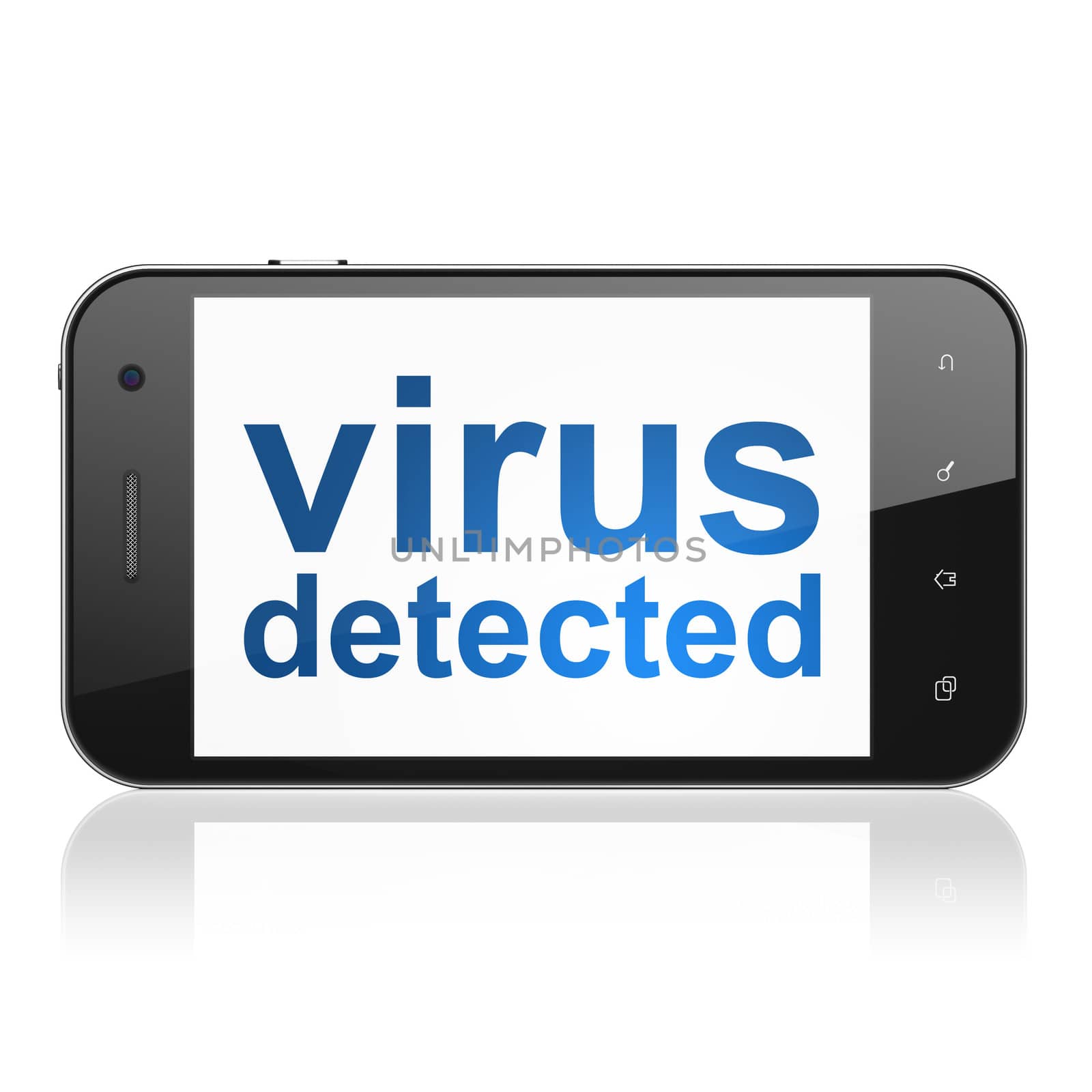 Safety concept: smartphone with text Virus Detected on display. Mobile smart phone on White background, cell phone 3d render