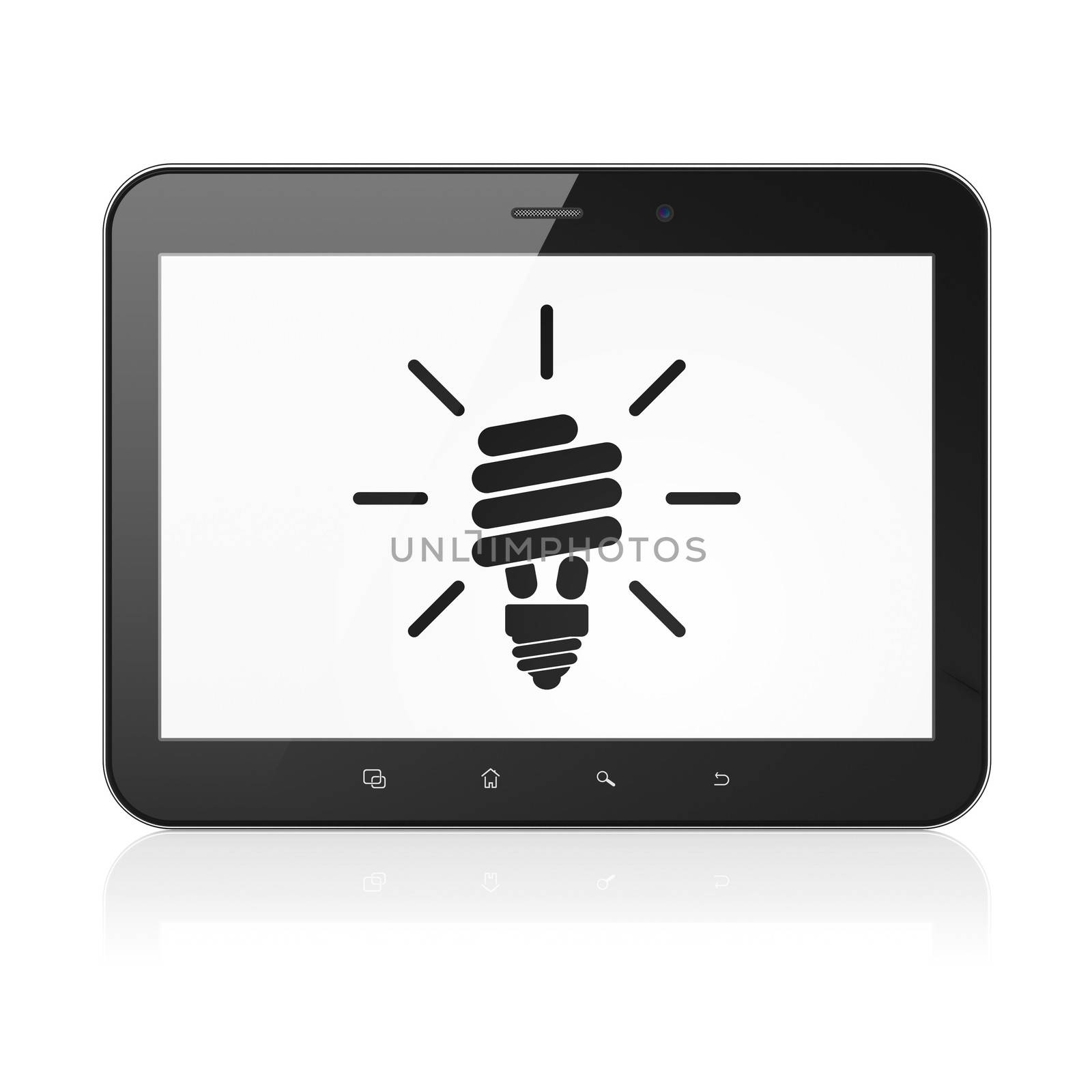 Finance concept: black tablet pc computer with Energy Saving Lamp icon on display. Modern portable touch pad on White background, 3d render