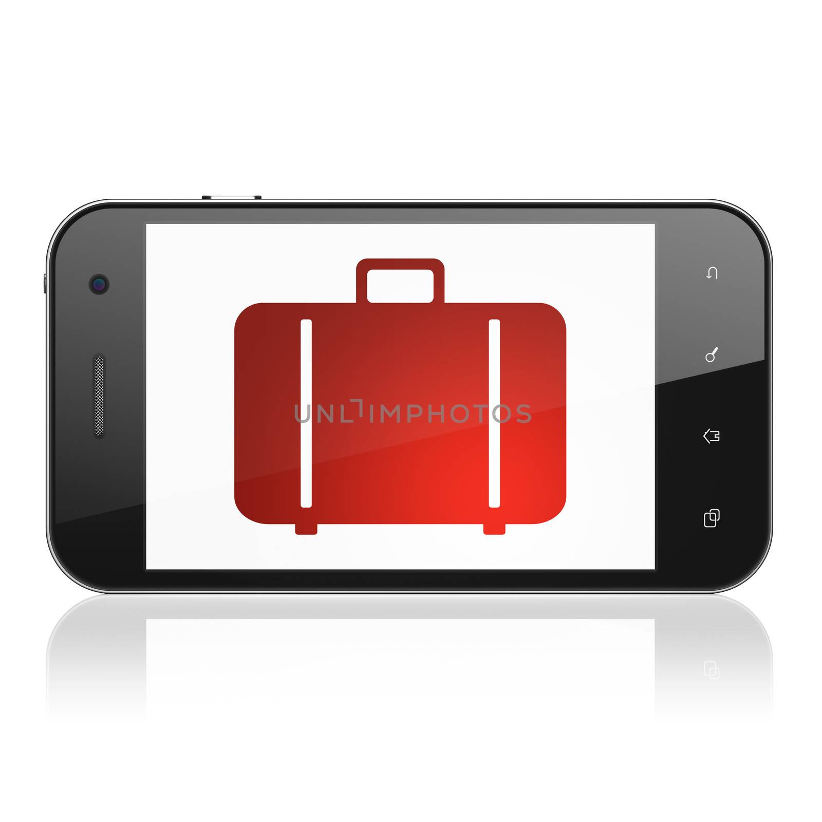 Travel concept: smartphone with Bag icon on display. Mobile smart phone on White background, cell phone 3d render