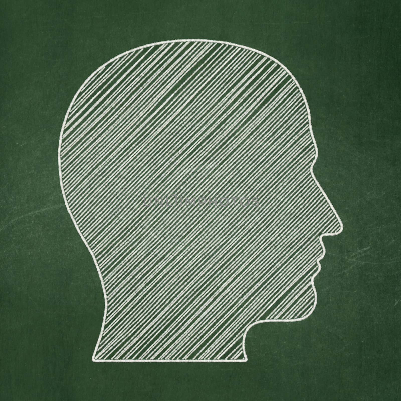 Education concept: Head icon on Green chalkboard background, 3d render