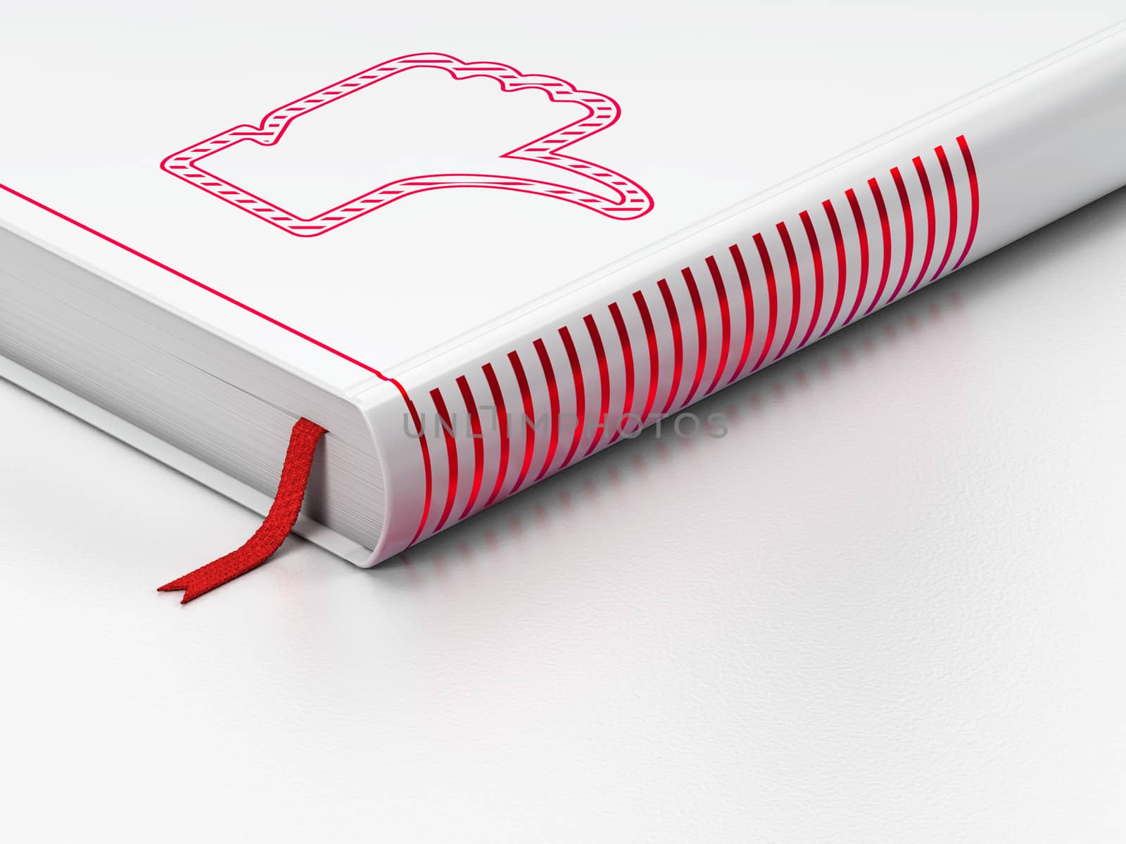 Social network concept: closed book with Red Thumb Down icon on floor, white background, 3d render