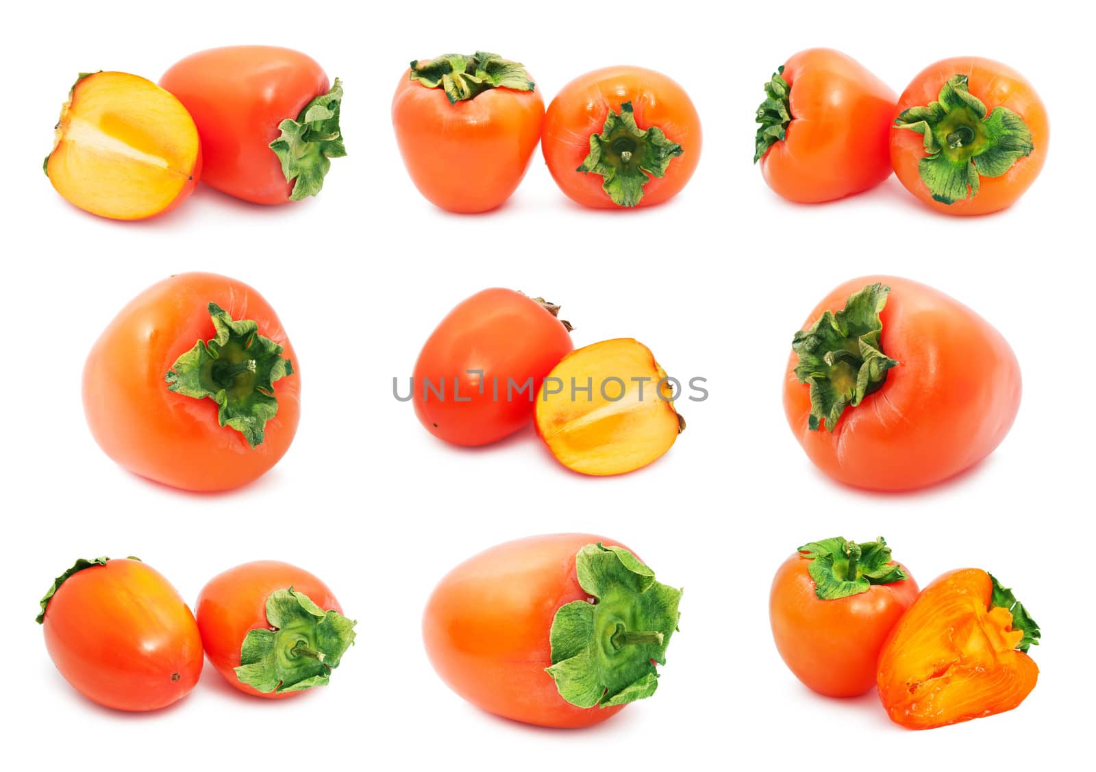 Collection of  fresh Persimmon or kaki diospyros ebony fruits on white background