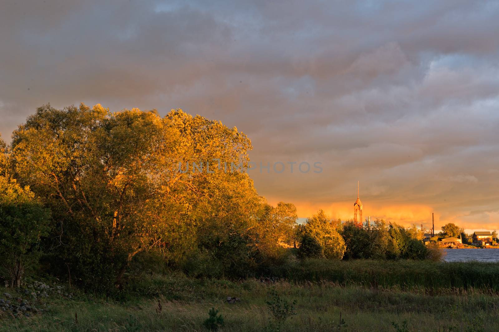 Rising with thunderclouds on the Volkhov river bank.  Volkhov. Russia