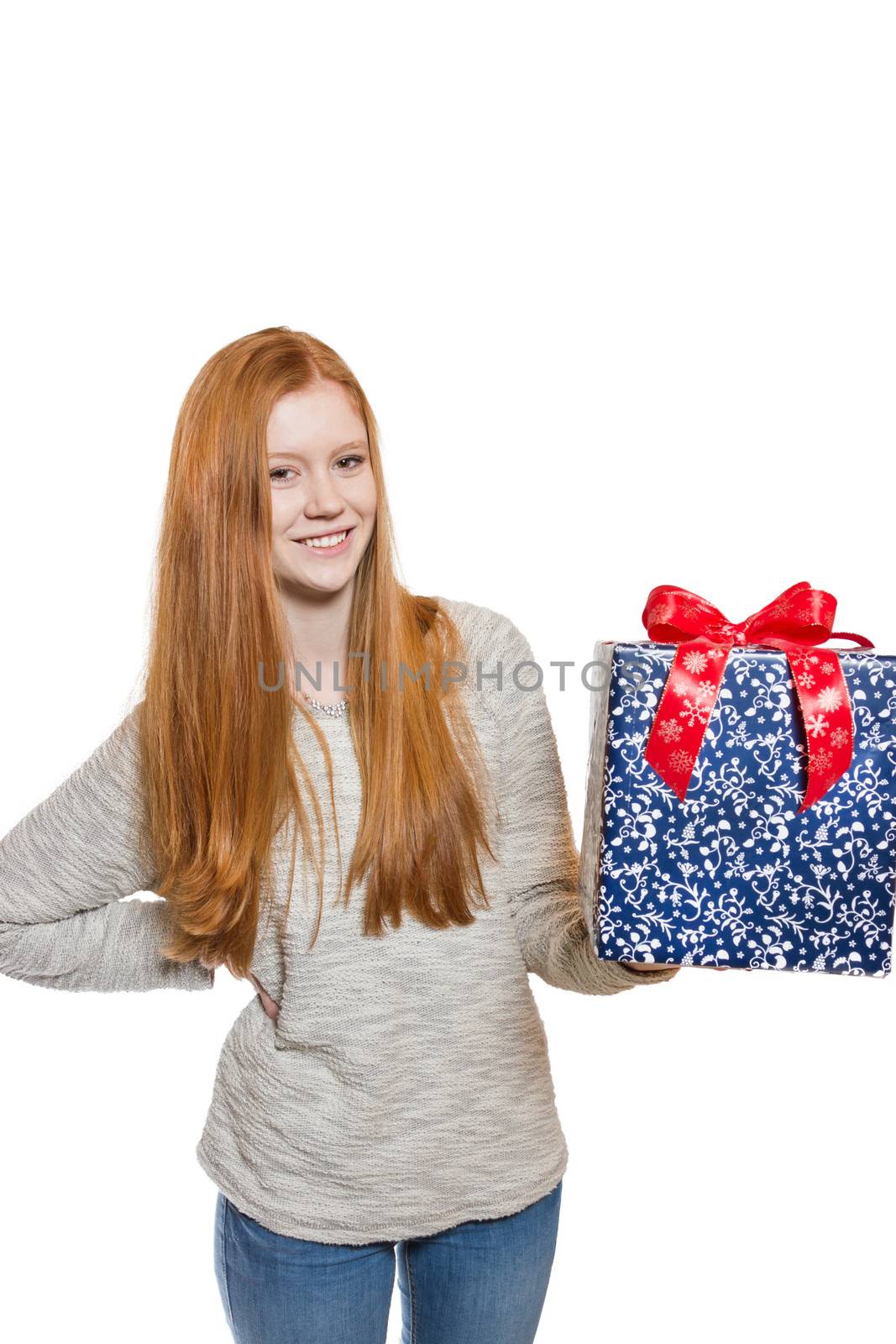 Young red haired Girl presenting a gift by Cursedsenses