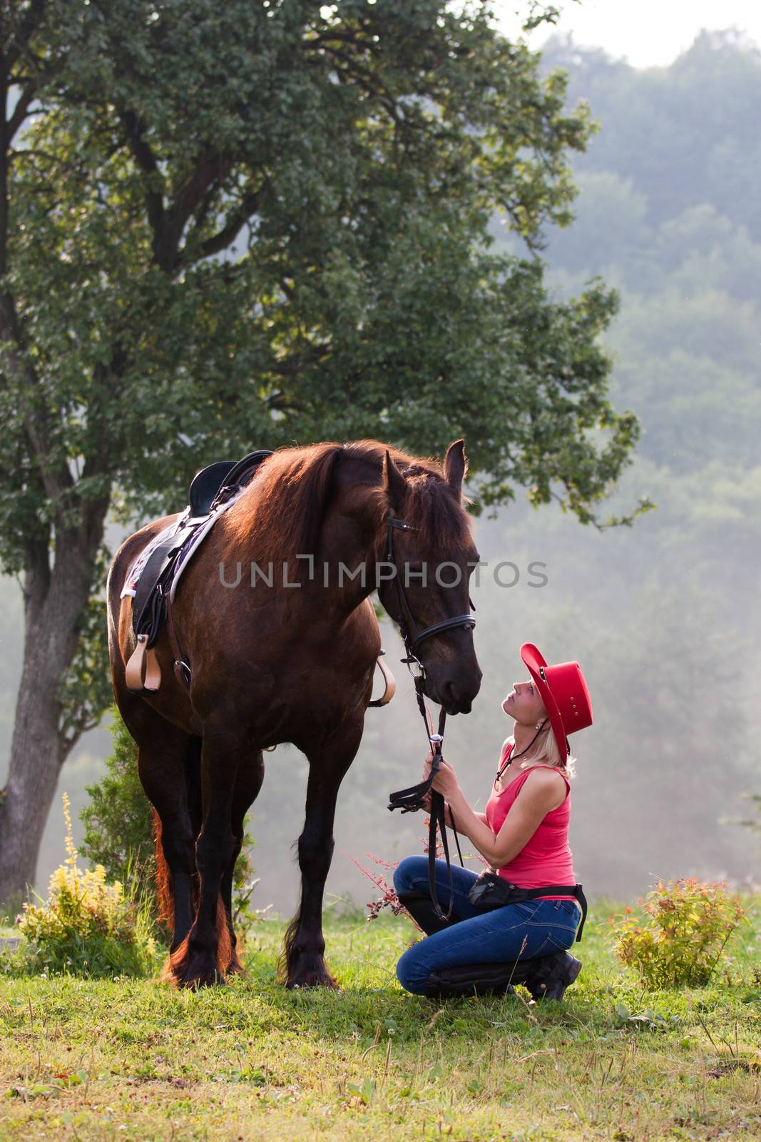 Woman in red hat kneeling beside horse breed Friesian horse