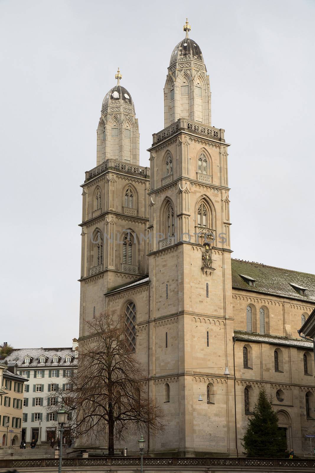 The twin towers of the Grussmunster church of Zurich in Switzerland