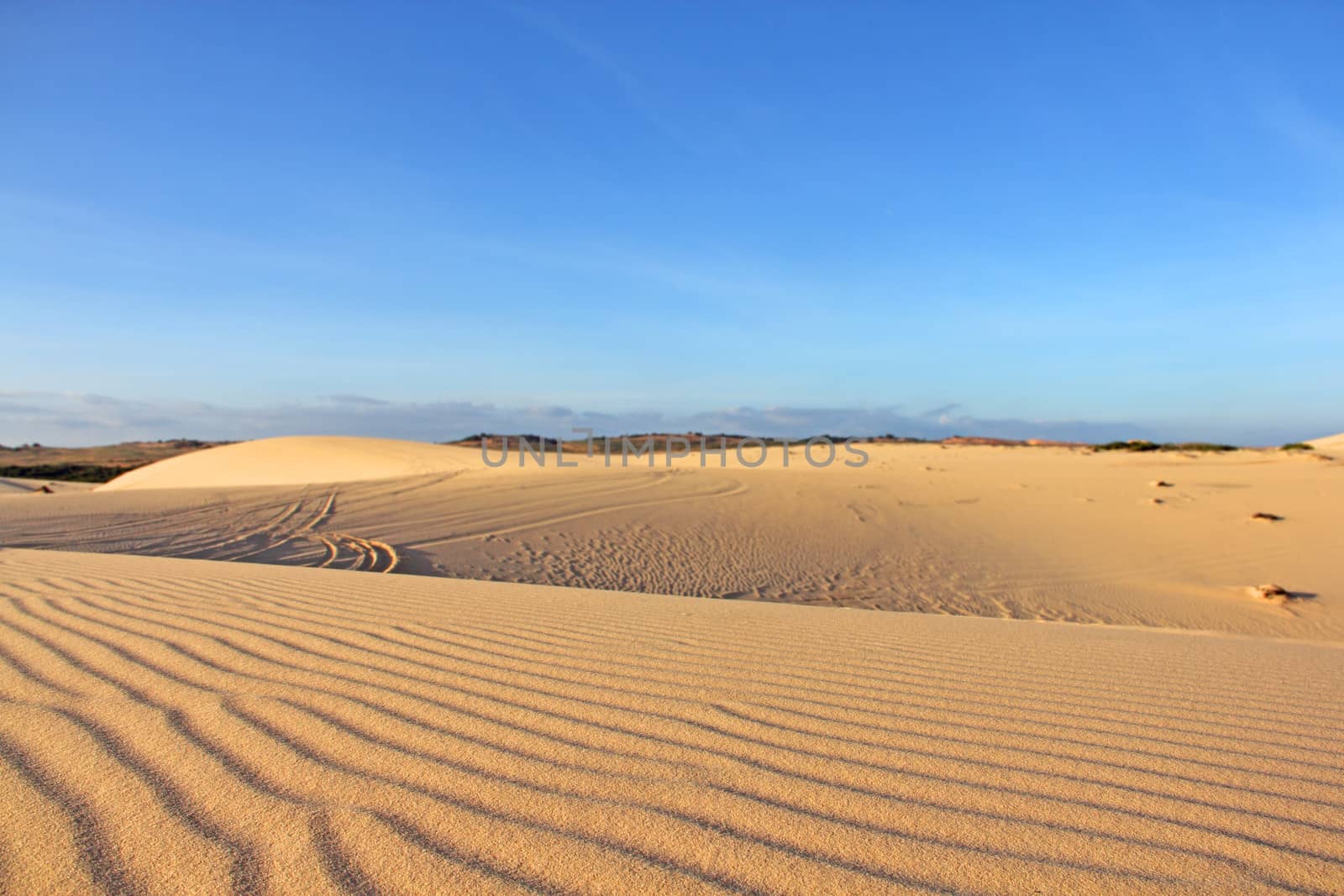 Sand desert landscape under bluy sky at sunny day