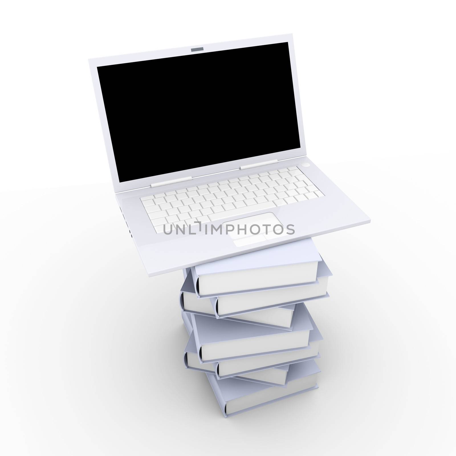 A Laptop with books. 3D rendered illustration. Isolated on white.