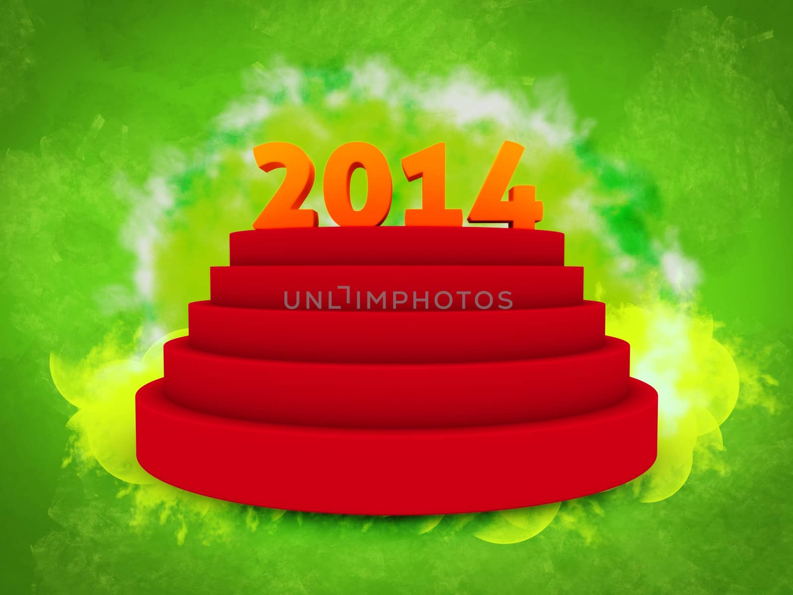 2014 text on cylinder podium isolated green background
