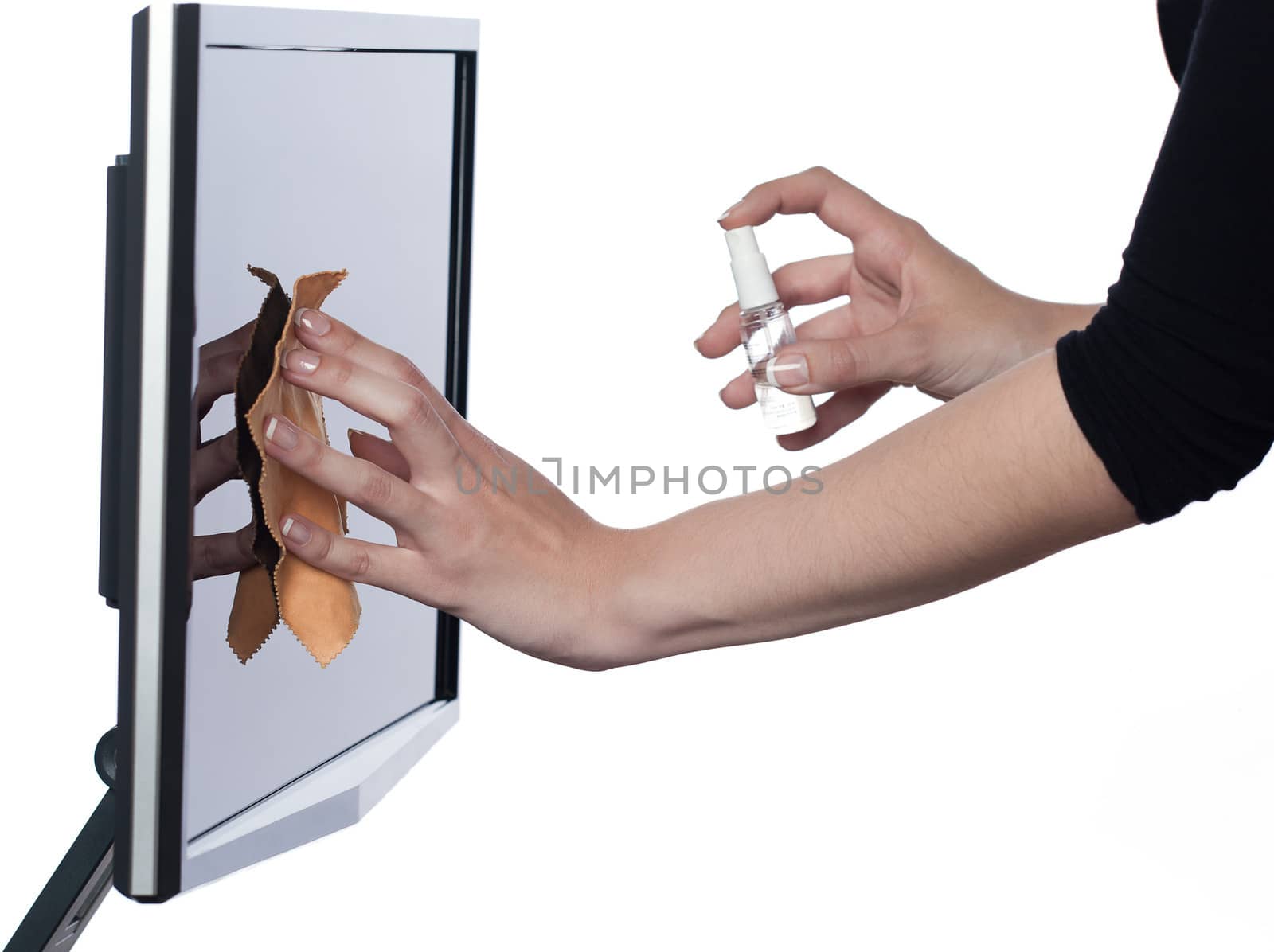 woman cleaning computer display isolated studio on white background