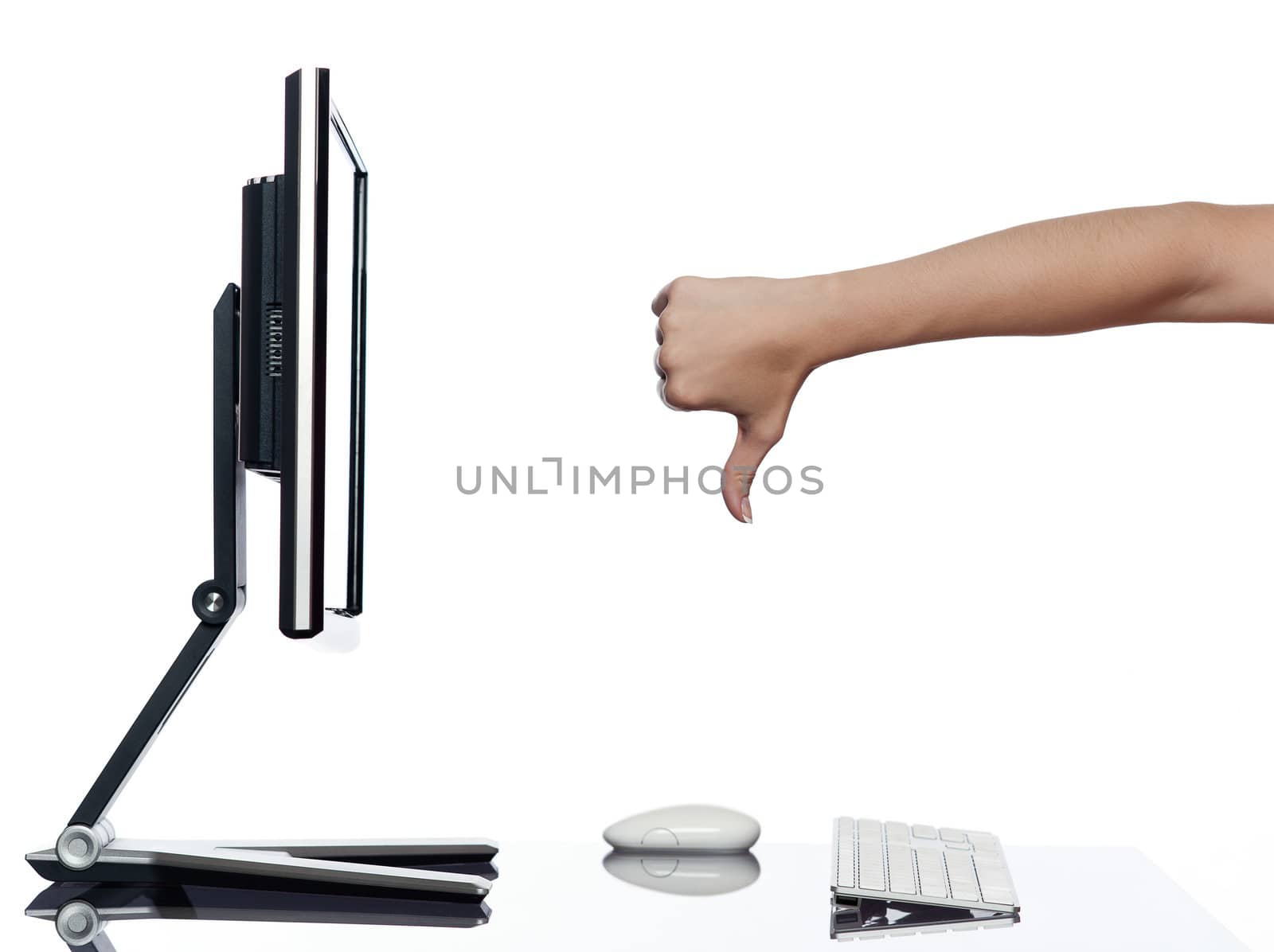 communication between human hand and a computer display monitor on isolated white background expressing failure malfunction concept