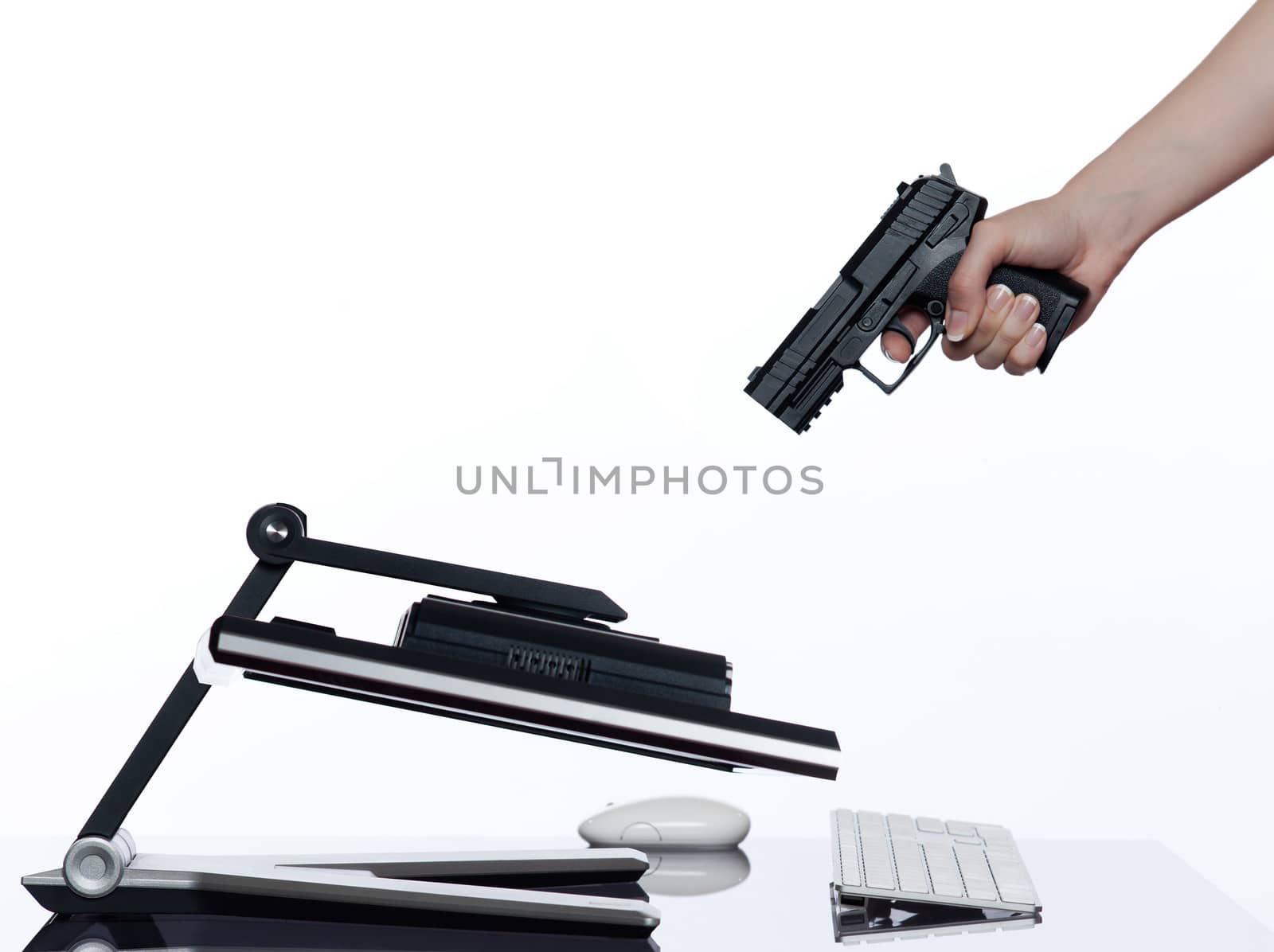 communication between human hand and a computer display monitor on isolated white background expressing shutdown failure concept