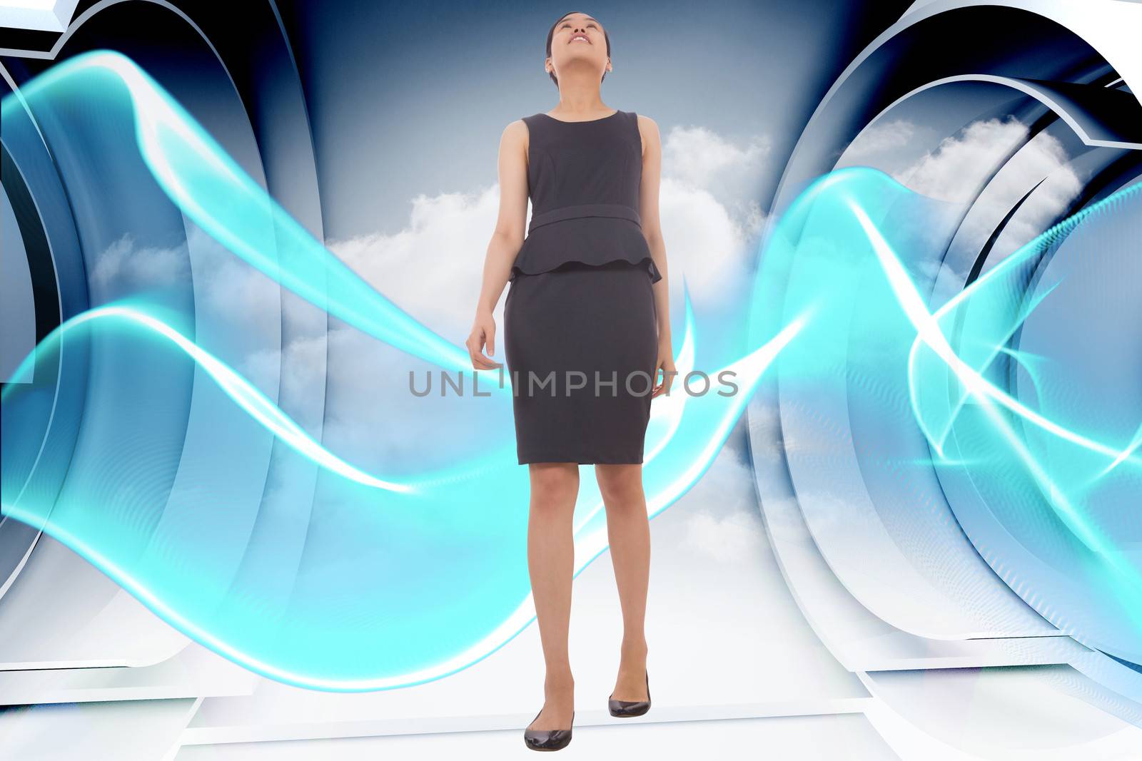 Asian businesswoman walking against blue abstract design in structure 