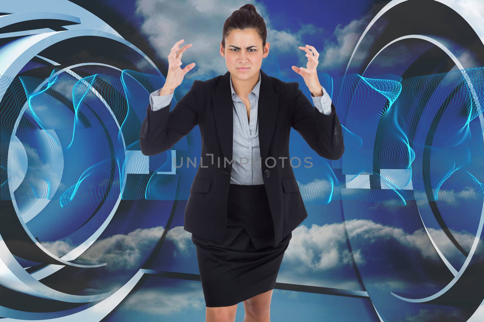 Angry businesswoman gesturing against abstract blue design in futuristic structure