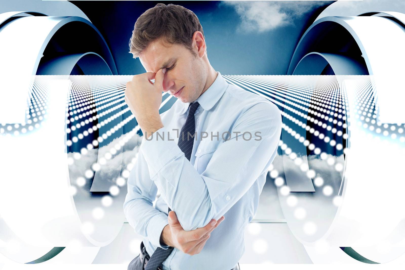 Businessman with a headache against abstract design in blue and white