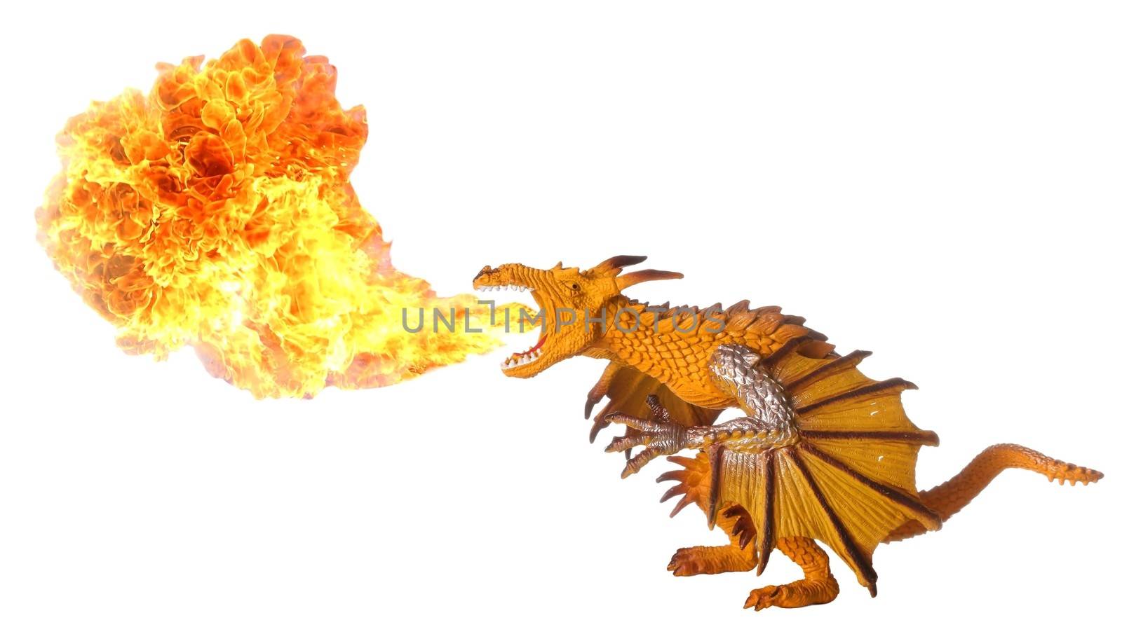 Toy dragon breathing out huge hot flame