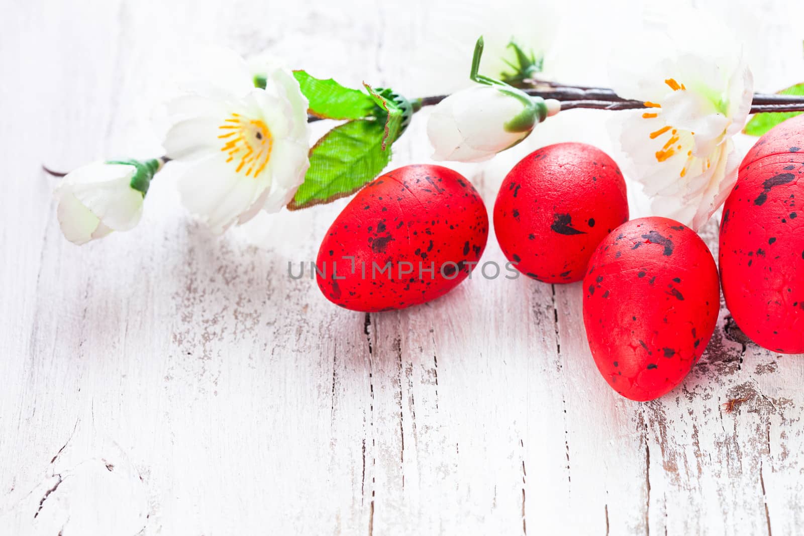 Red spotted eggs with apple flowers on the shabby wooden table