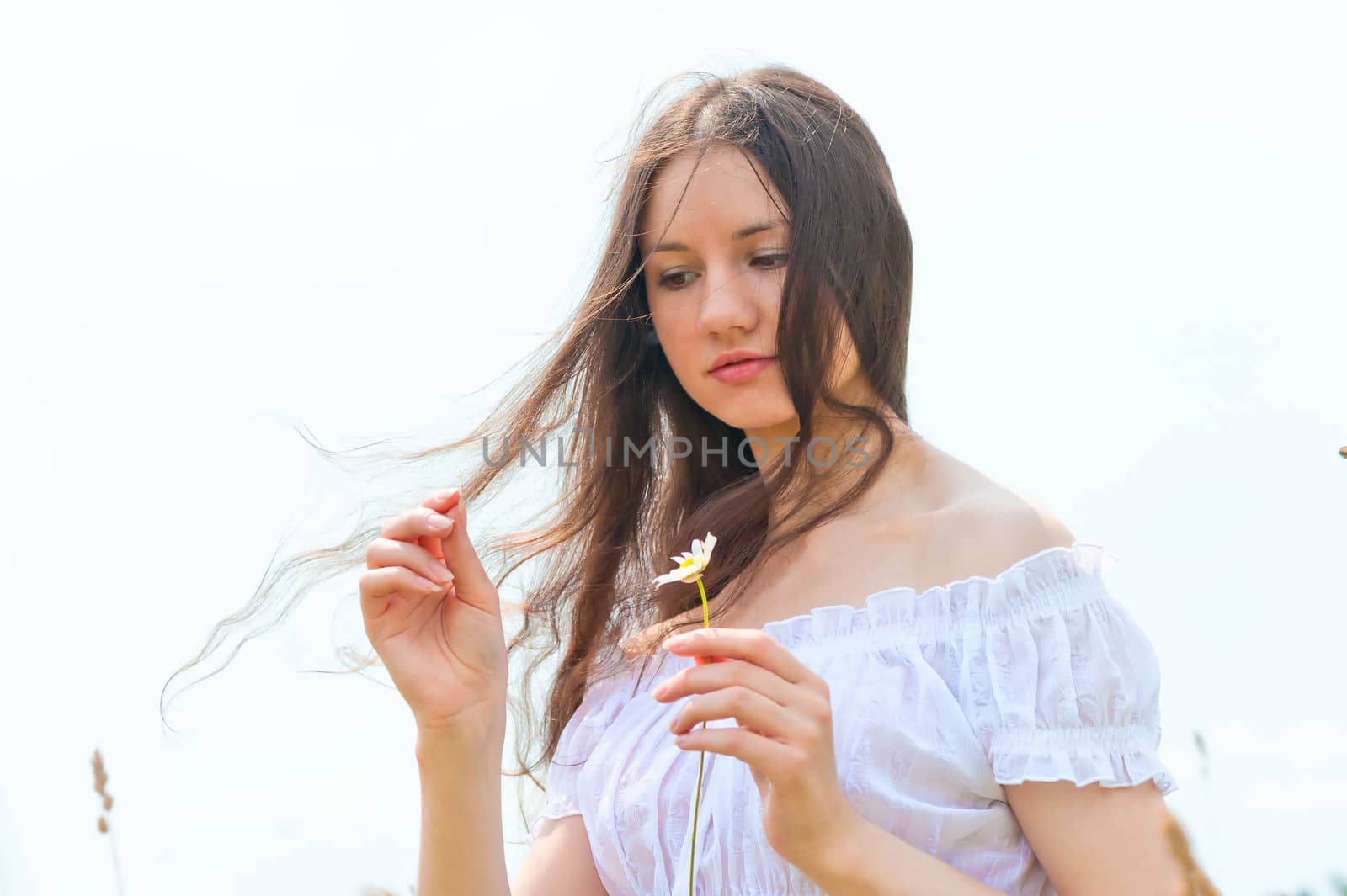 brunette girl with a camomile in a hand