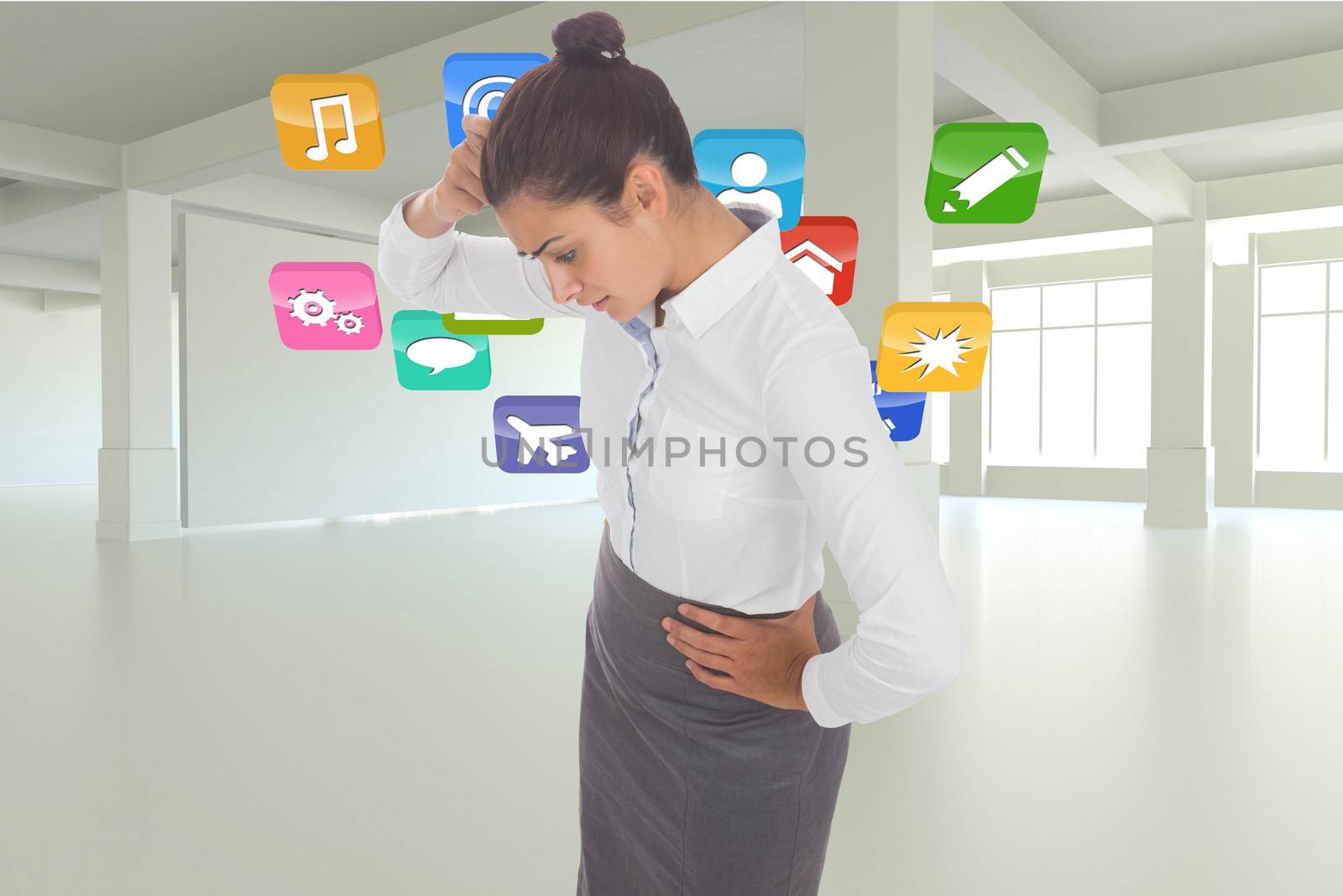 Worried businesswoman against abstract design in blue