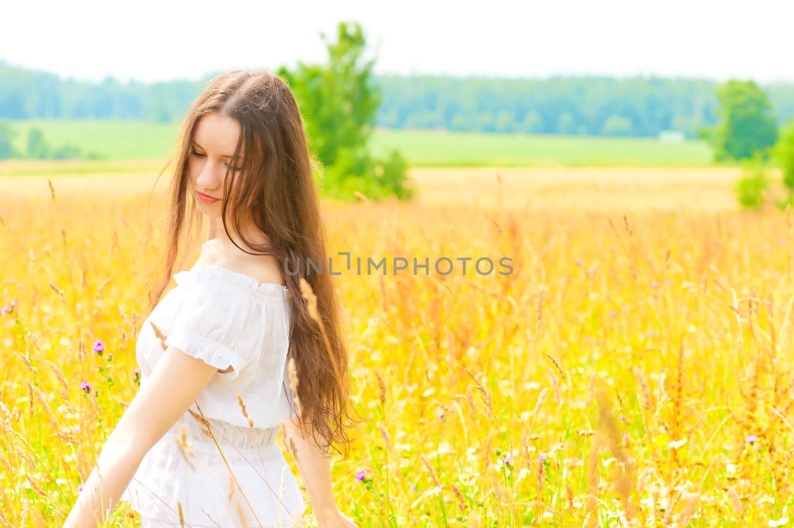 woman with long hair in field by kosmsos111