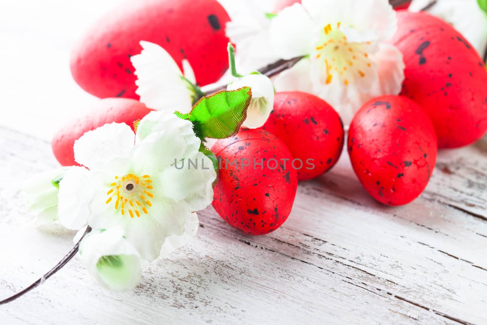 Red spotted eggs with apple flowers on the shabby wooden table