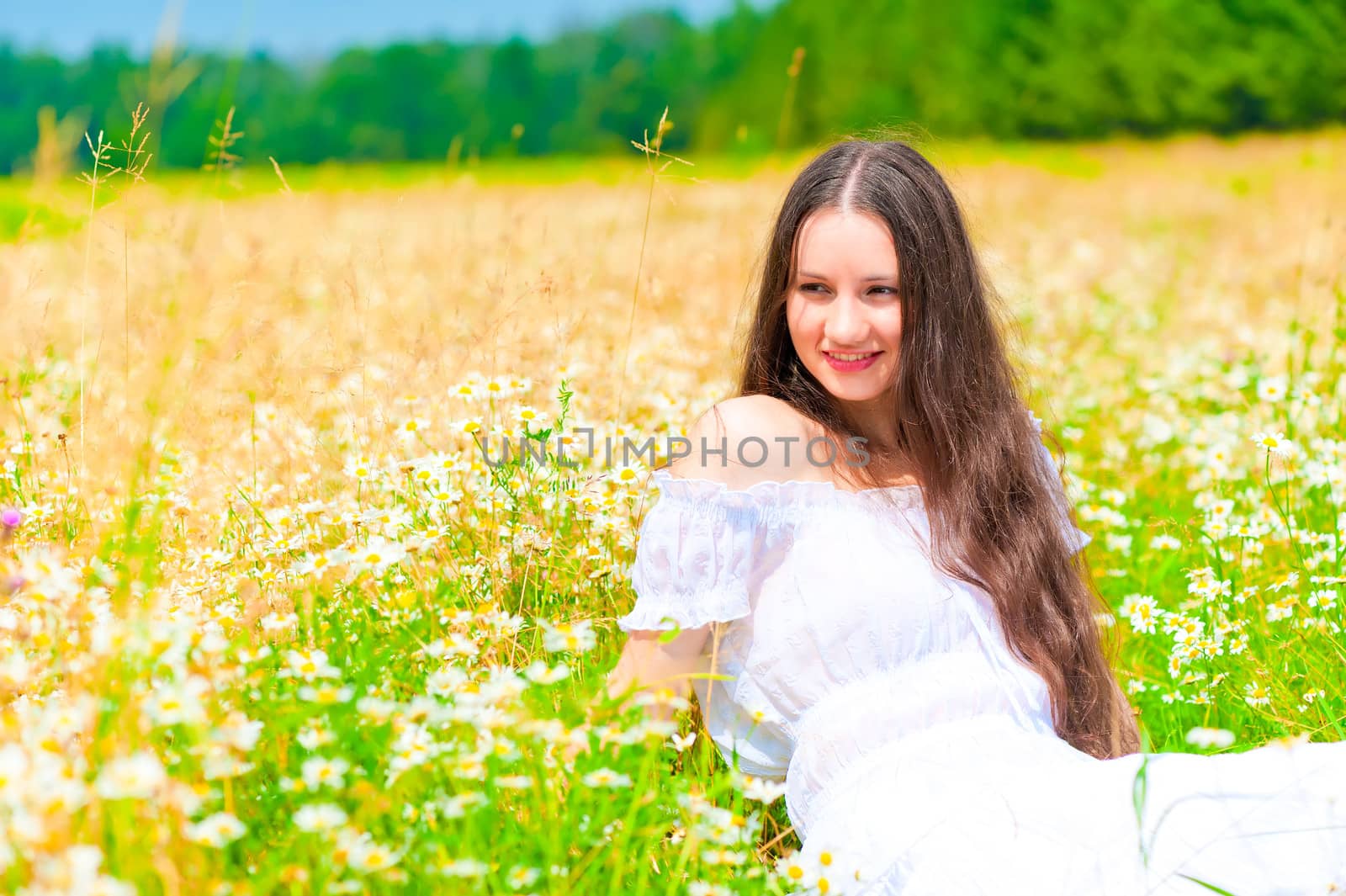 happy young girl lying in a field with daisies by kosmsos111