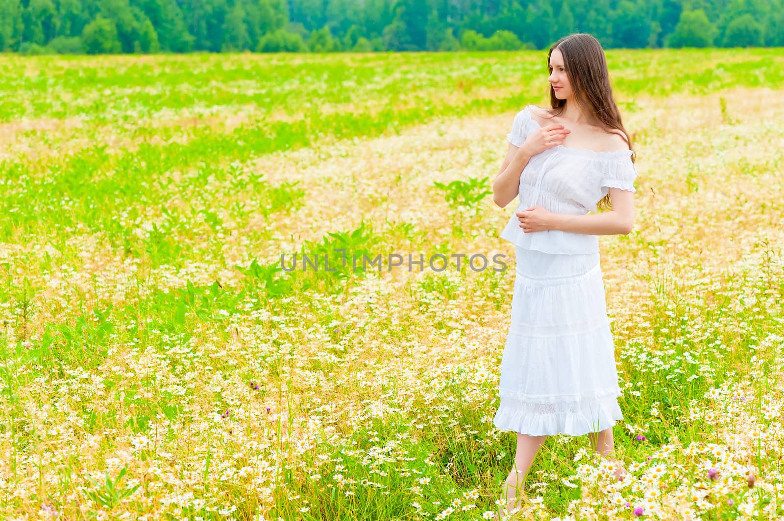 girl in a white sundress walking on chamomile field by kosmsos111