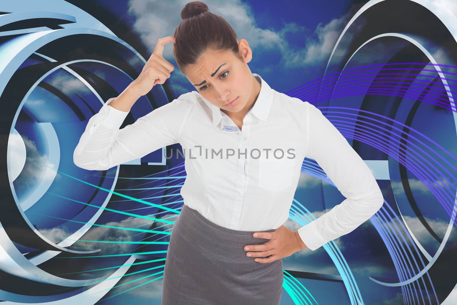 Worried businesswoman against abstract blue and purple line design