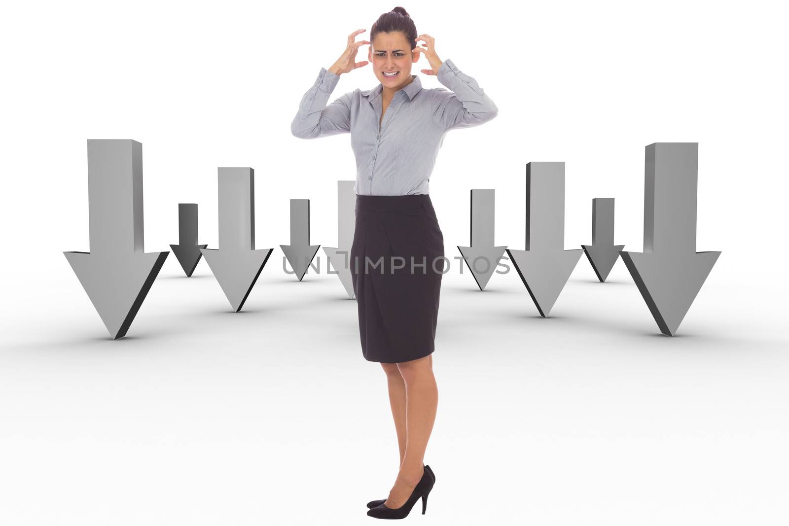 Frustrated businesswoman shouting against abstract design in white room