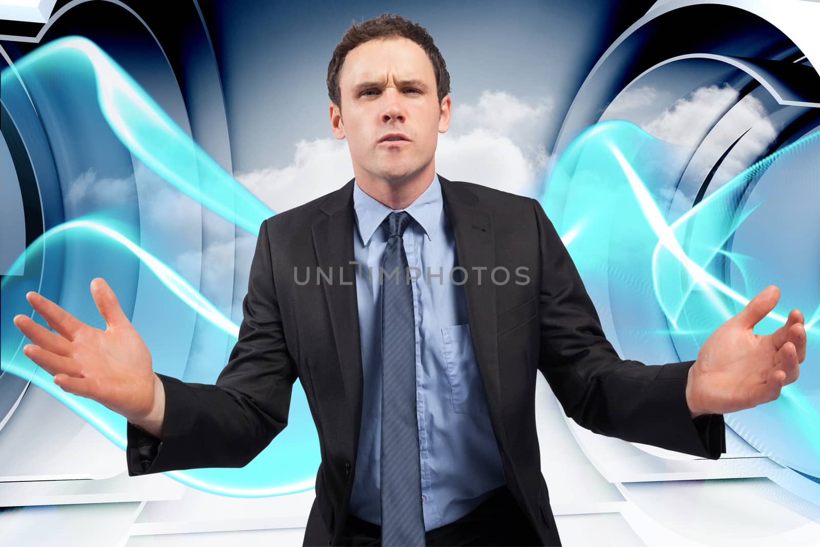 Businessman posing with arms out against blue abstract design in structure 