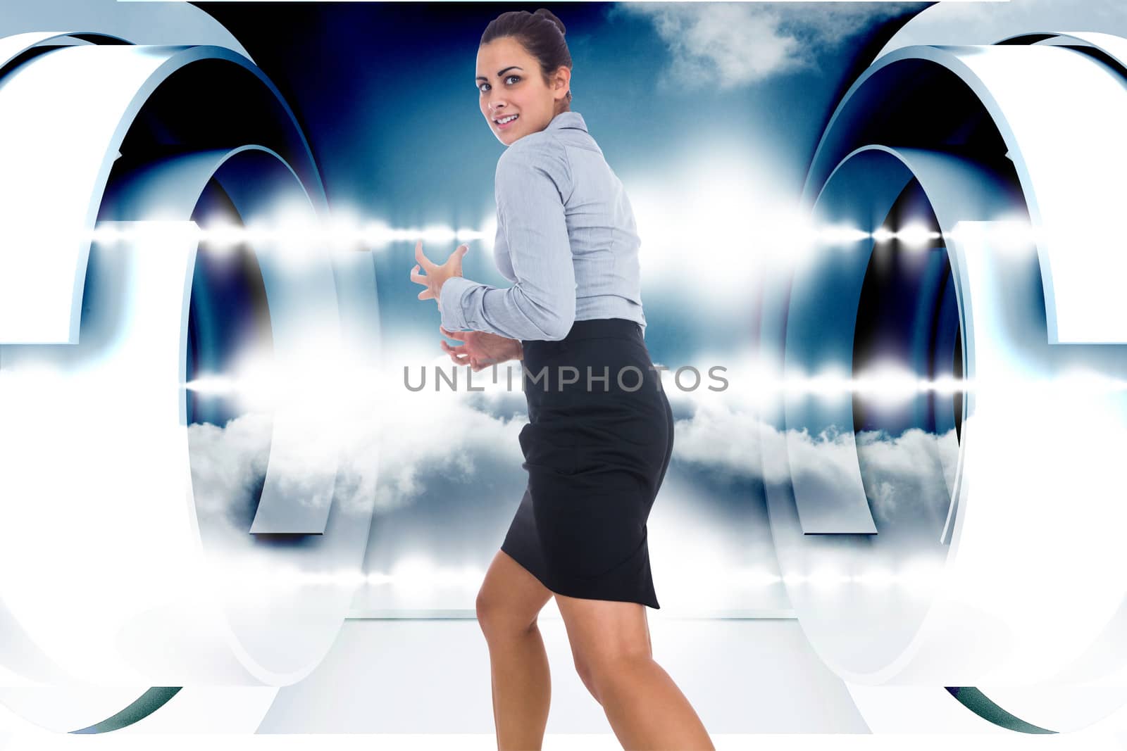 Furious businesswoman gesturing against abstract cloud design in futuristic structure