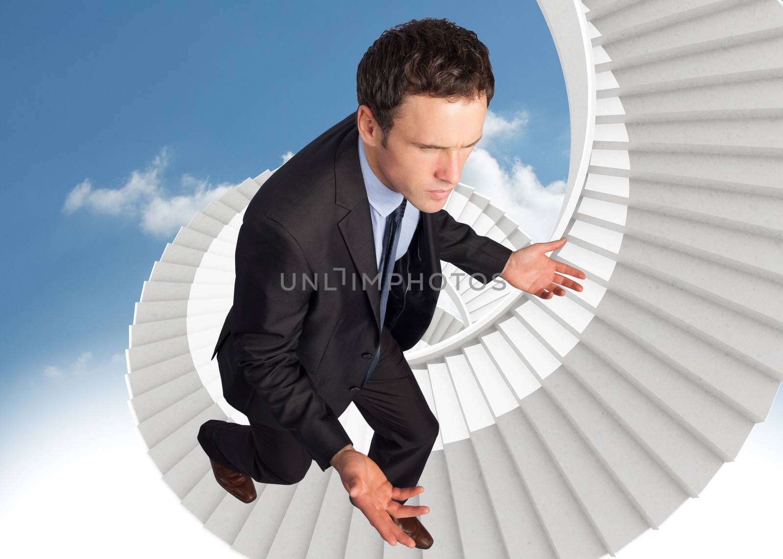 Businessman posing with arms out against abstract cloud design