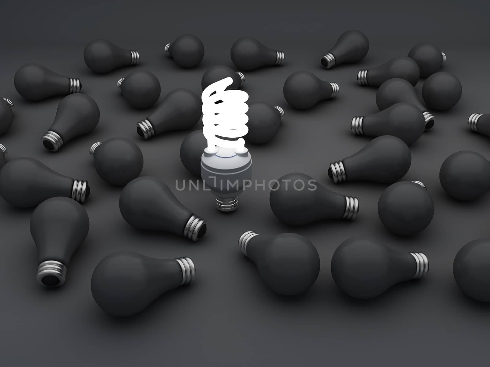 one glowing compact fluorescent light bulb standing out 
from the unlit incandescent light bulbs or Individuality concept