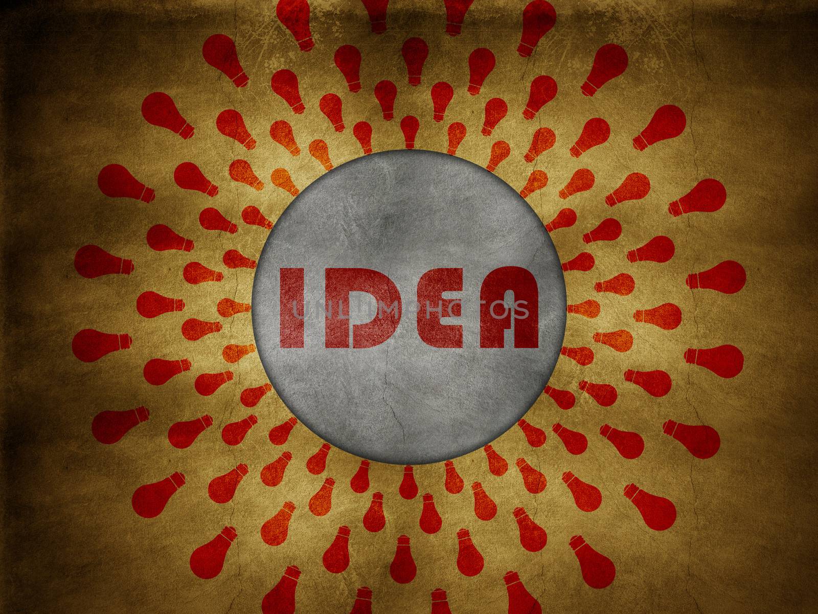 idea text at center with grunge yellow background with bulb icon