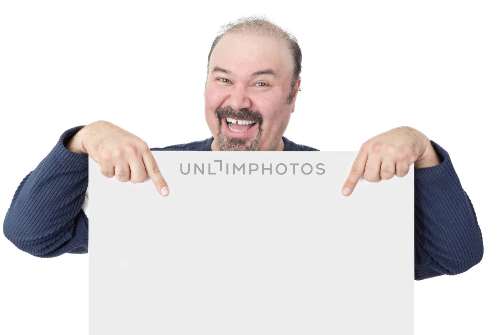 Enthusiastic man pointing to a blank white sign by coskun