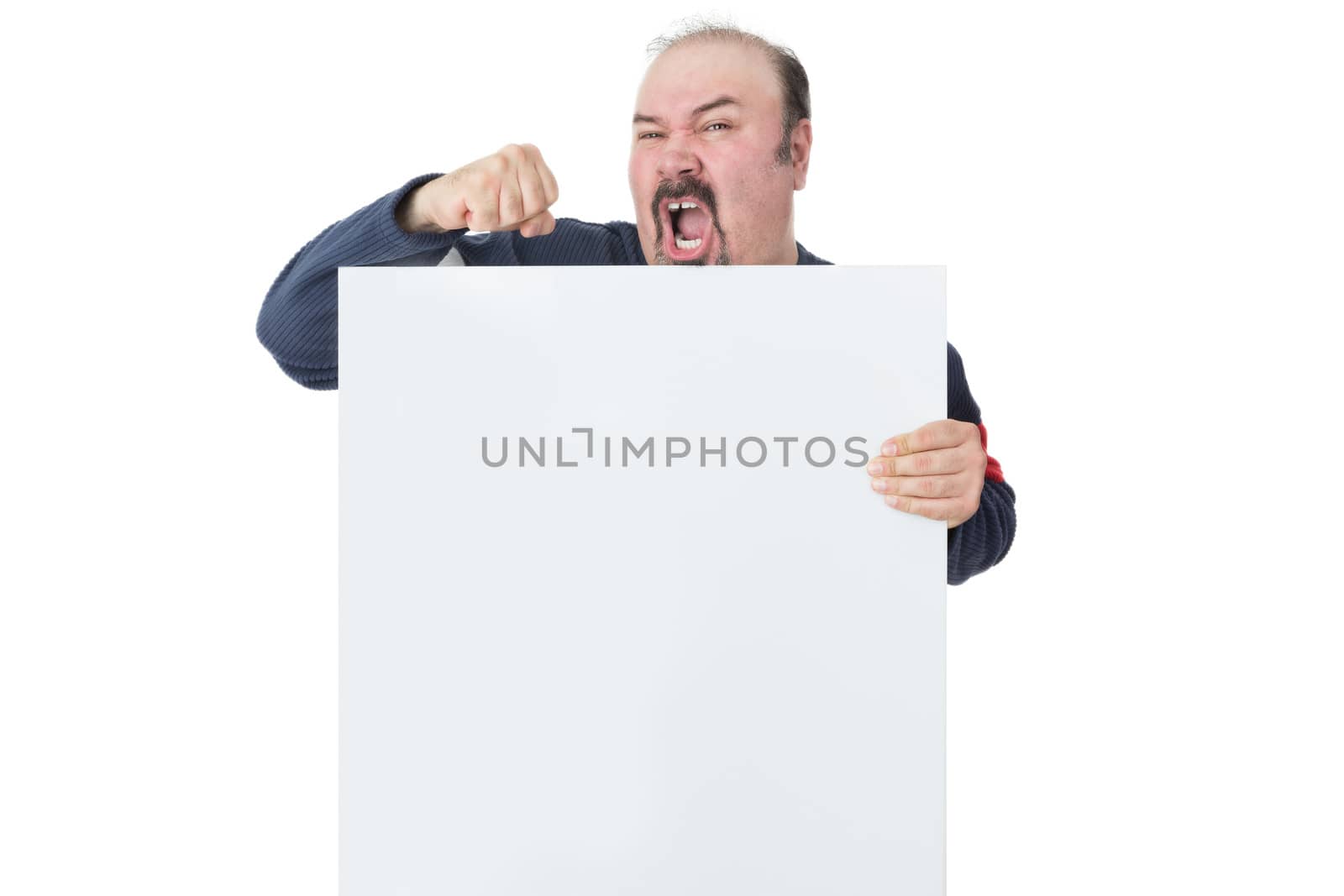 Mature man holding a blank white billboard and protesting