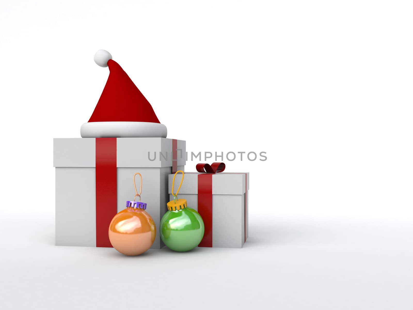 gift box with red ribbons surrounded by santa cap and ornaments