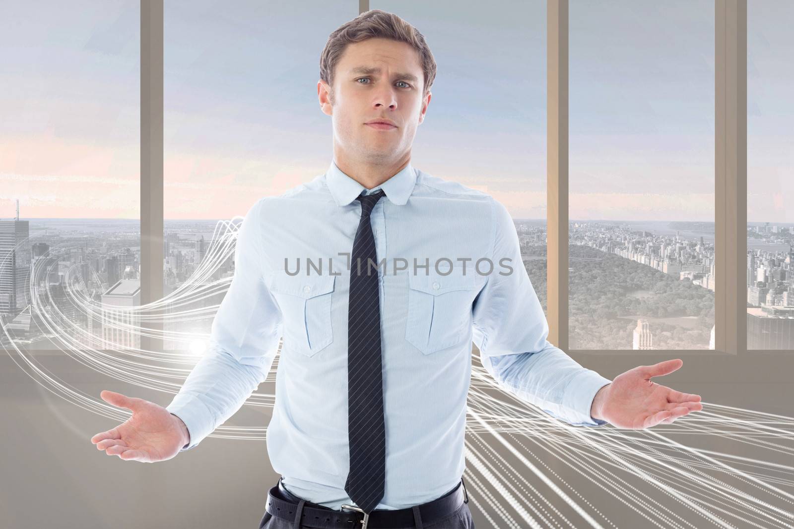 Puzzled businessman against abstract white line design in room