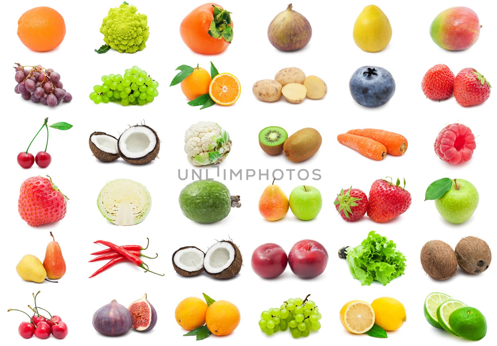 Collection of various fruits and vegetables isolated on white background