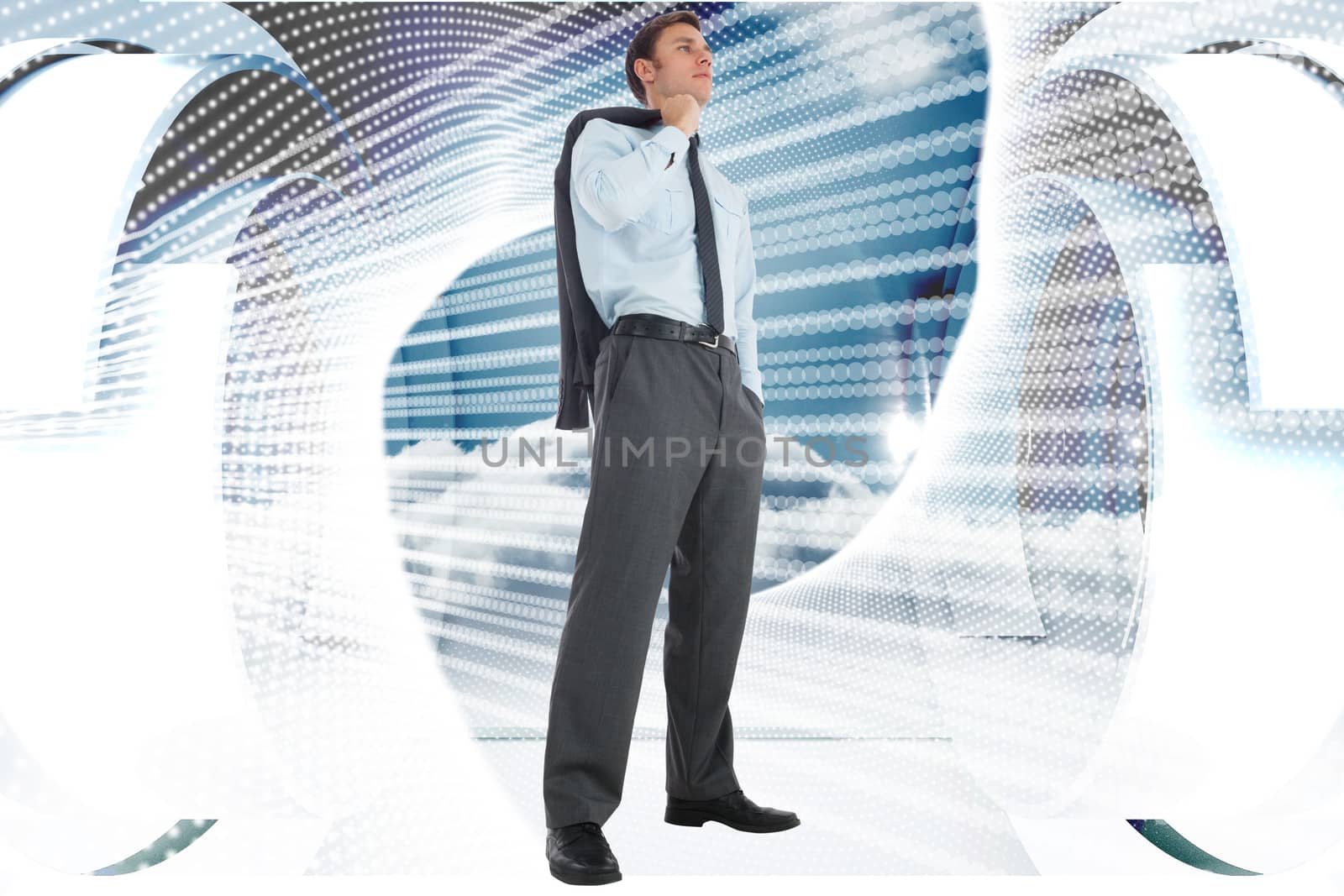 Serious businessman holding his jacket against abstract white design on blue and white