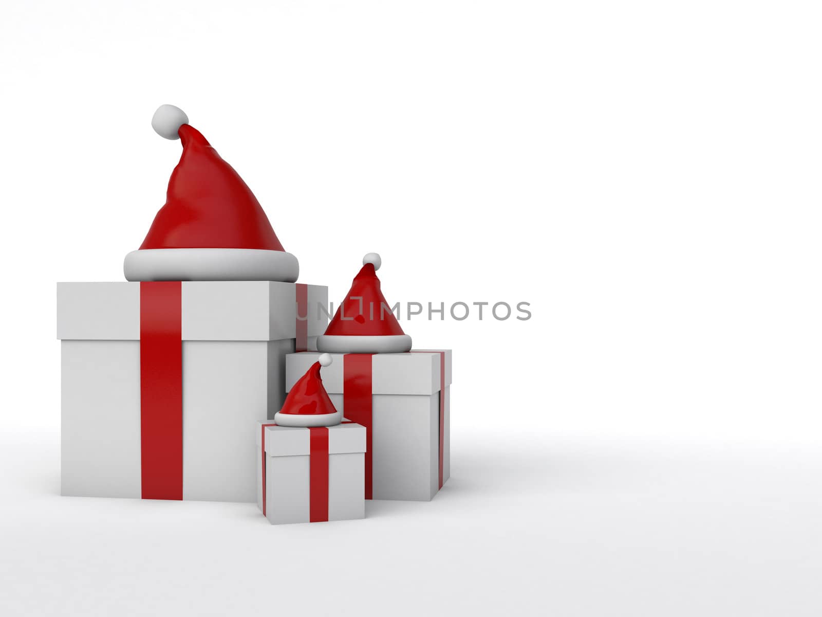 gift box with red ribbons surrounded by santa cap