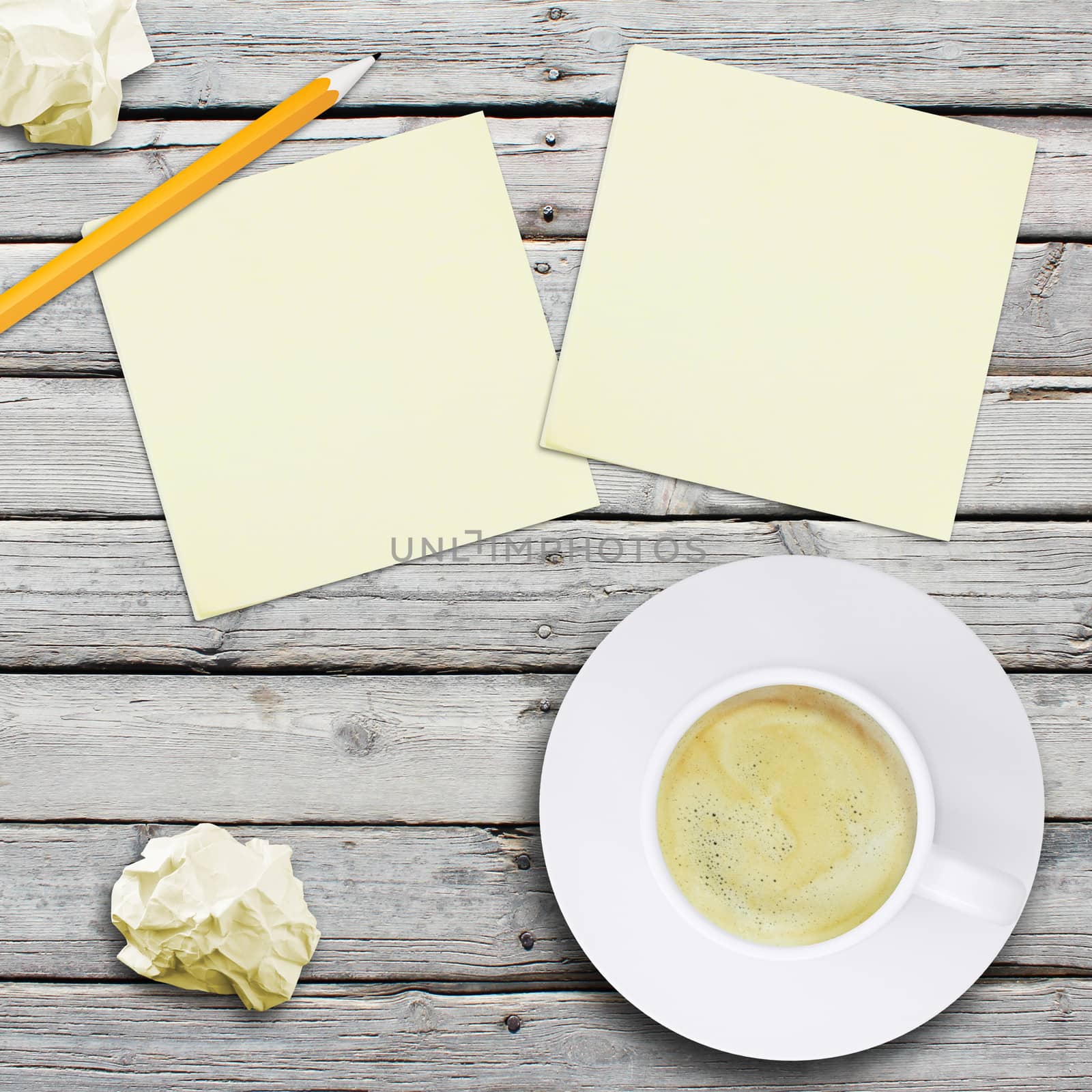 Coffee cup on old wooden boards. Office concept