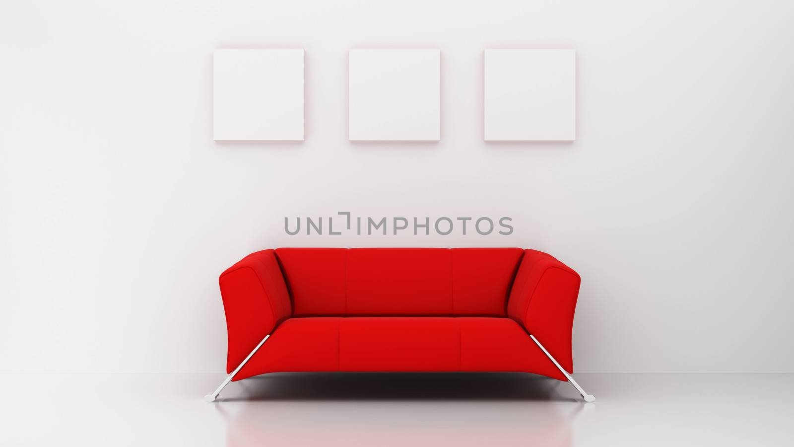 3d room which contains red sofa and three blank picture frames