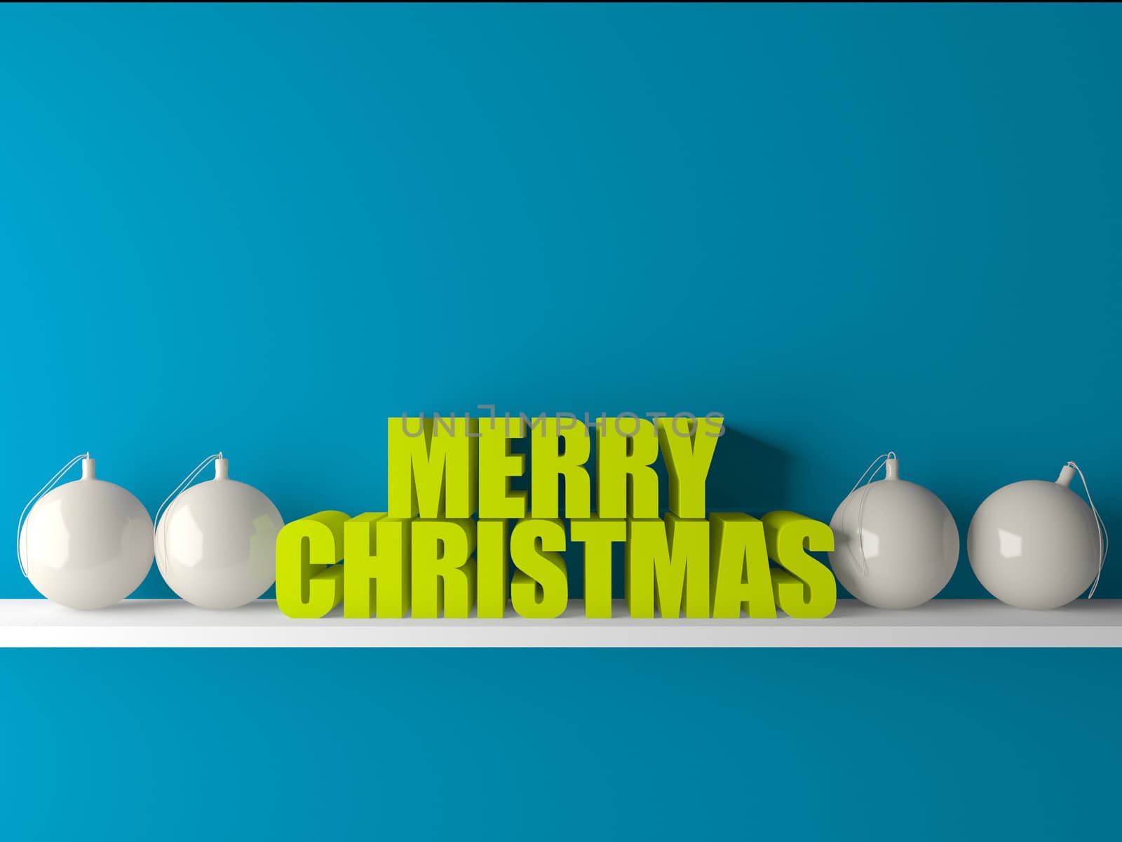 3d merry christmas text on wooden base with decorated balls