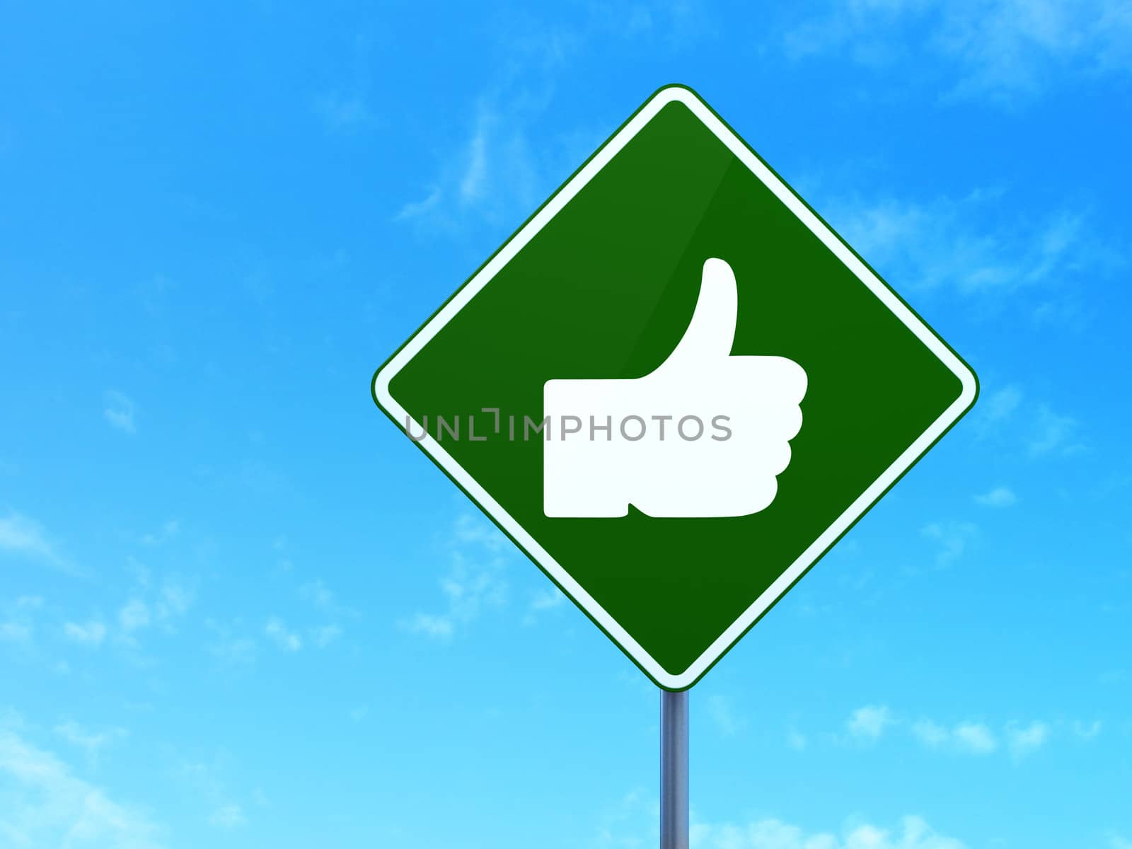 Social media concept: Thumb Up on green road (highway) sign, clear blue sky background, 3d render